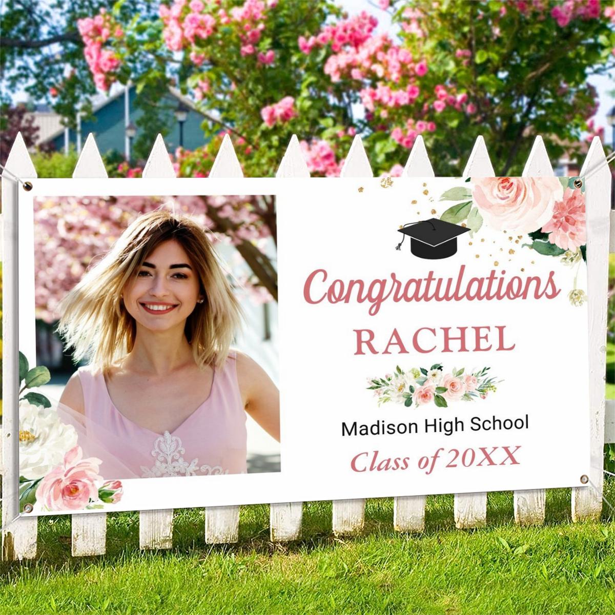 2022 Personalized Name/Photo, Classy Blush Pink Floral Graduate Graduation Party Banner