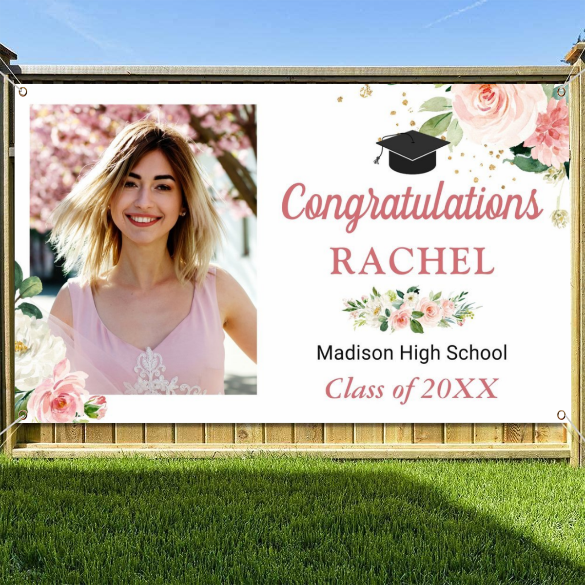 2022 Personalized Name/Photo, Classy Blush Pink Floral Graduate Graduation Party Banner