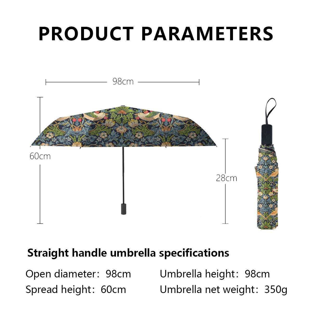 William Morris Strawberry Thief Floral Pattern Brushed Polyester Umbrella No.RUFW34