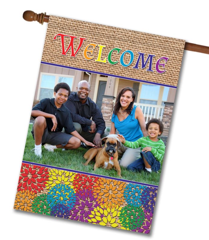 Welcome Rainbow – Personalized Photo & Name – Custom Garden Flag