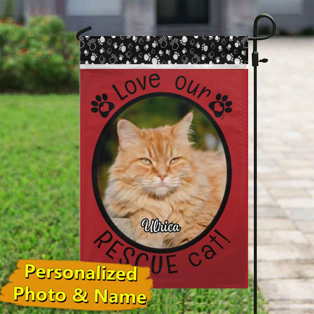 Rescue Cat Red – Personalized Photo & Name – Garden Flag & House Flag