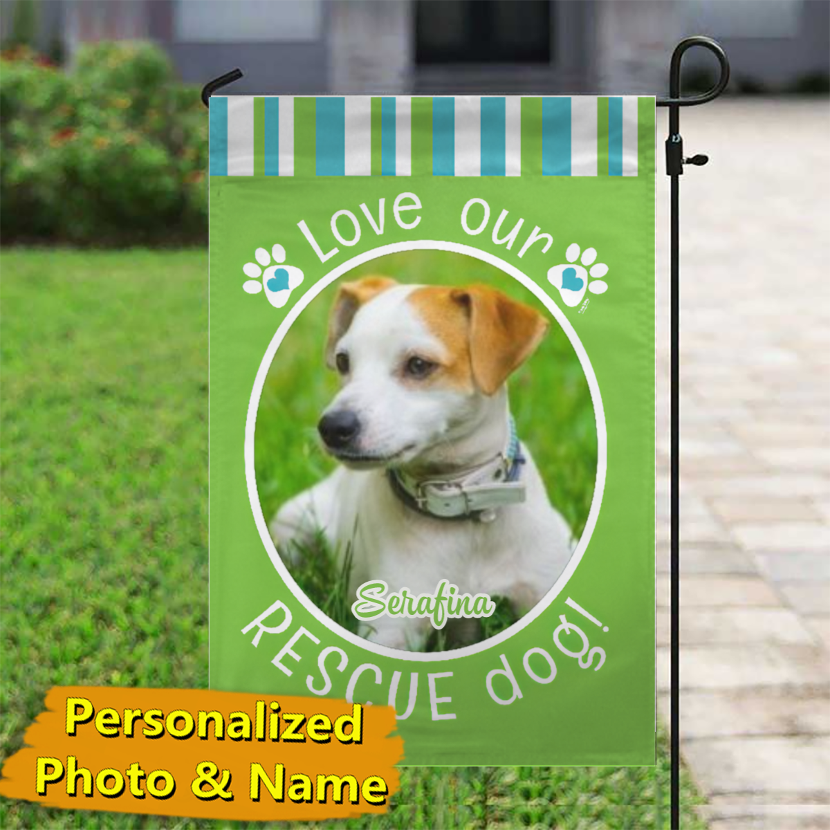 Rescue Dog Green – Personalized Photo & Name – Garden Flag & House Flag