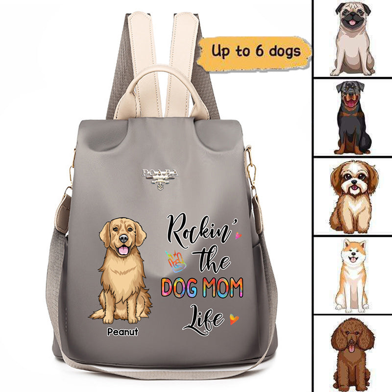Rockin‘ Dog Mom Life Front View Sitting Dogs Personalized Backpack