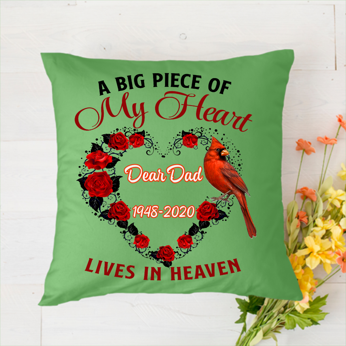 Rose And Cardinal Memorial Personalized Name & Date Polyester Linen Pillow