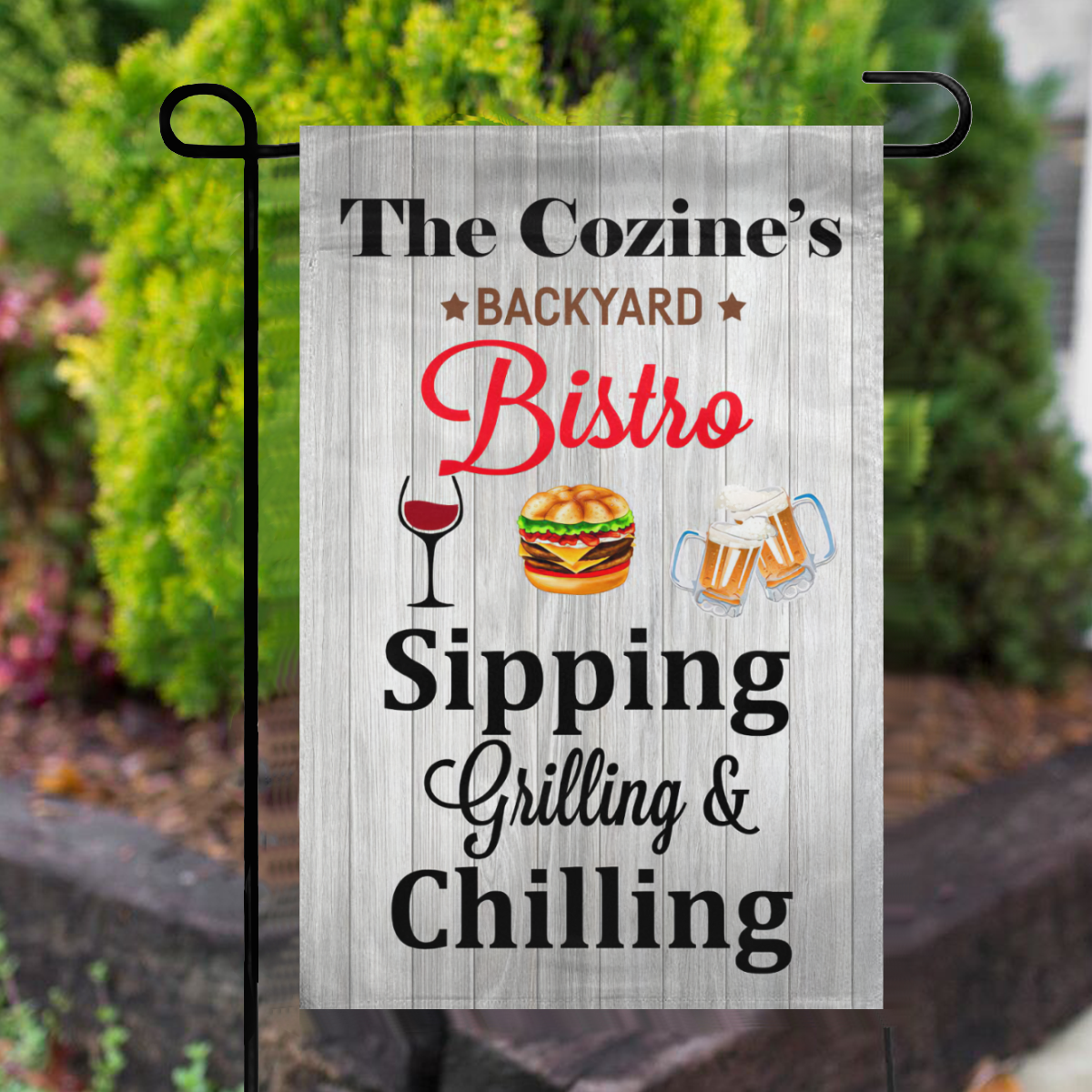 Personalized Backyard Bistro Sipping Grilling Chilling Garden Flag No.SDTAT5