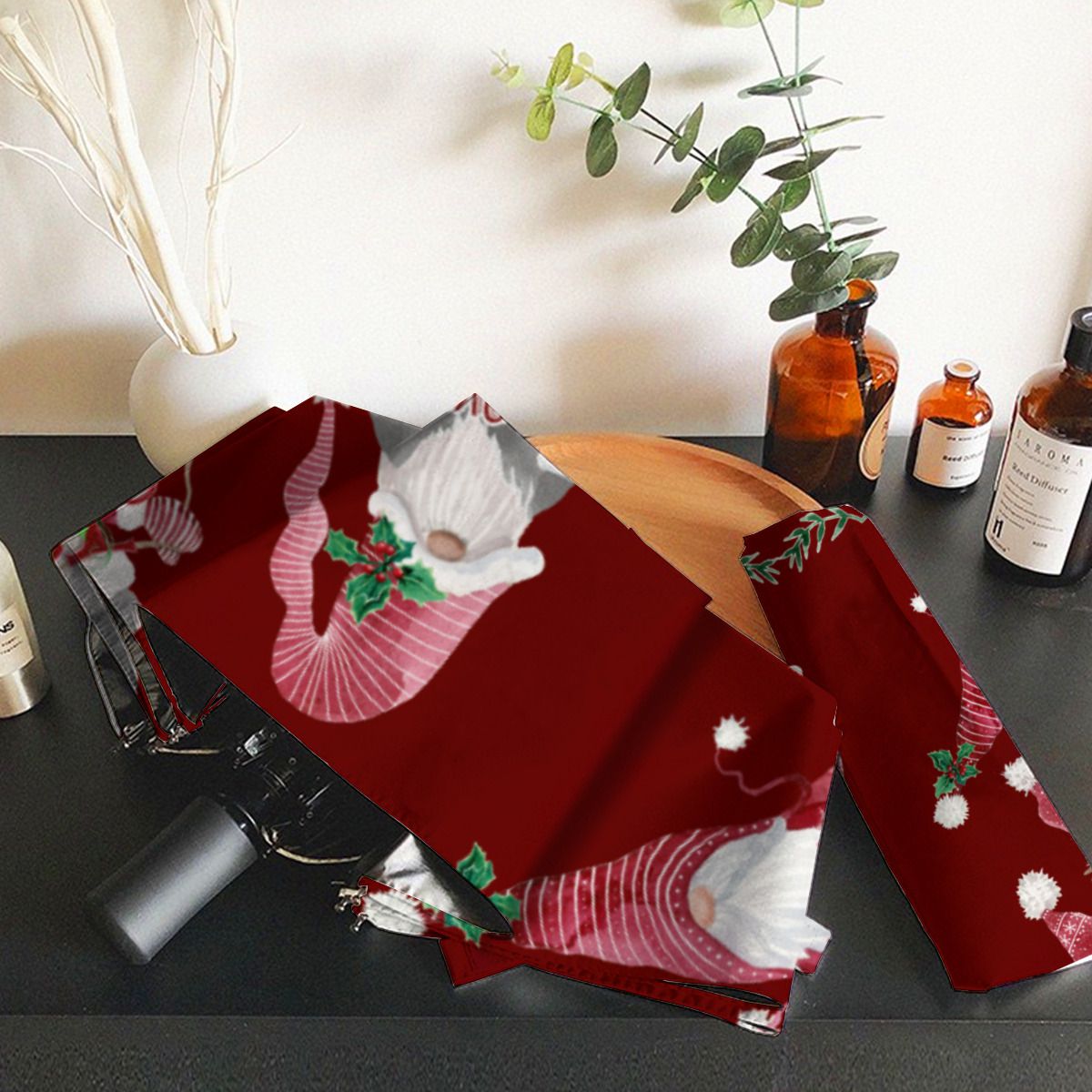 Red Christmas I Love Gnomes Whimsical Holiday Brushed Polyester Umbrella No.SL56AW