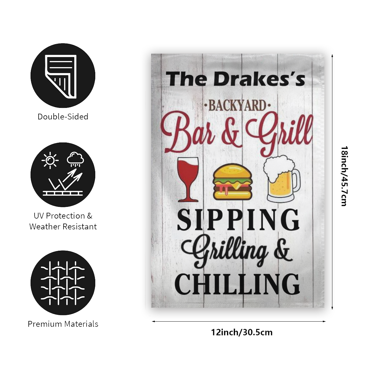 Customized Name Backyard Bar And Grill Sipping Grilling & Chilling Garden Flag No.TZ8WVH