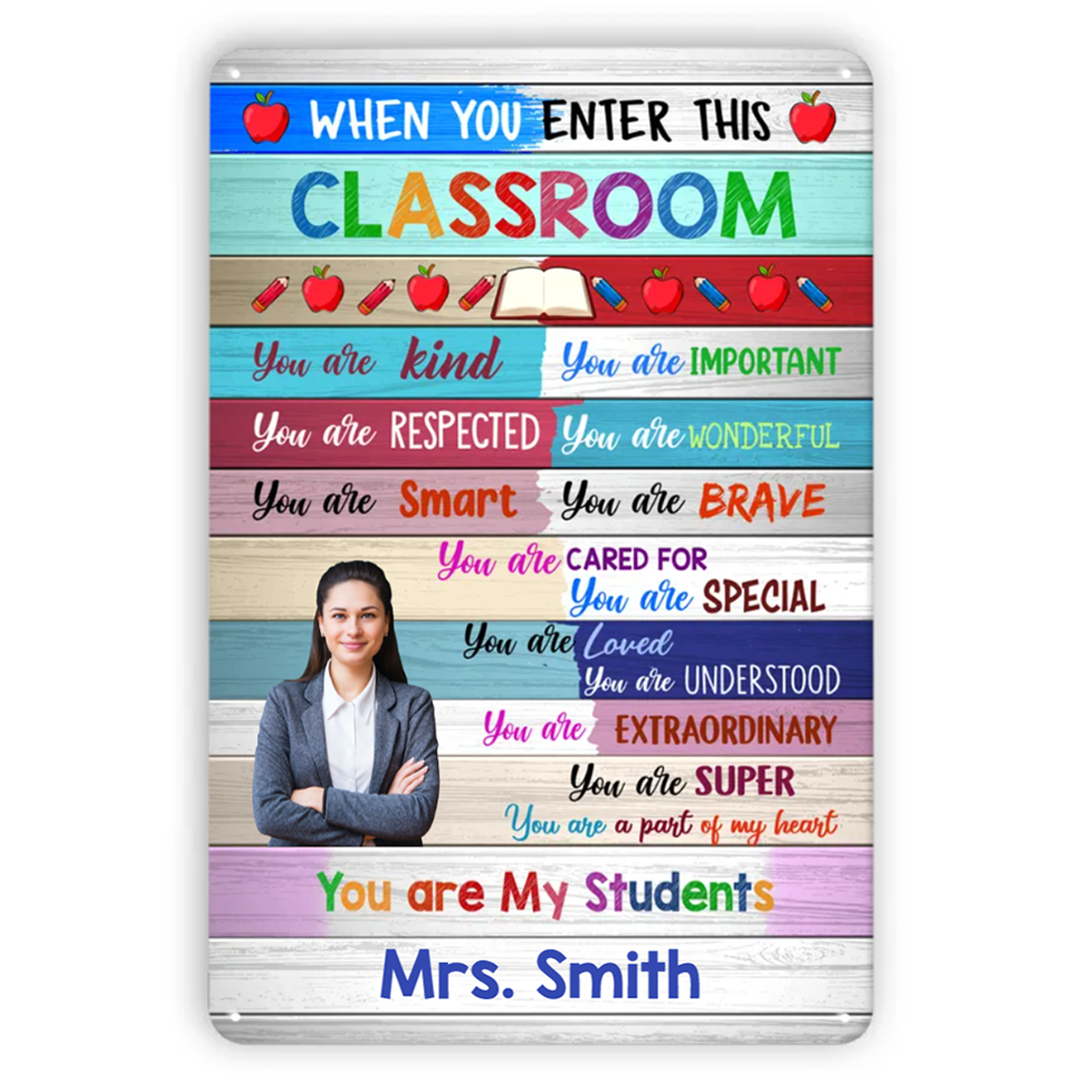 Teacher Wood Texture Classroom Personalized Photo Vertical Metal Signs