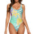Turquoise Teal Abstract Aloha Tropical Foliage Pattern Graphic One-Piece Swimsuit for Women No.UM72LZ
