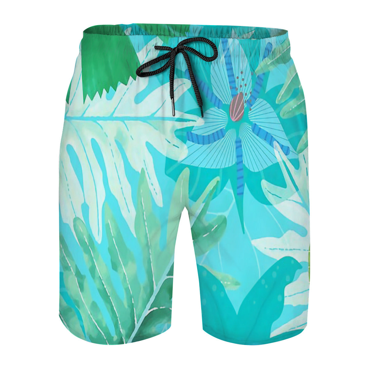 Abstract Teal Aloha Tropical Foliage Pattern Graphic Men's Swim Trunks No.UPXFZY
