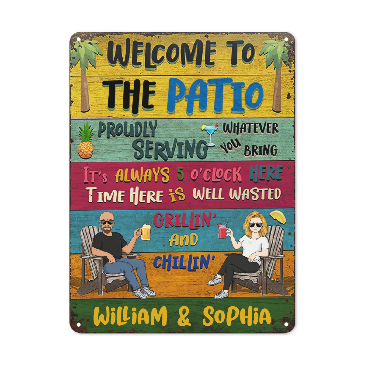 Patio Welcome Grilling Proudly Serving Whatever You Bring Husband Wife Couple Single - Backyard Sign - Personalized Custom Classic Metal Signs