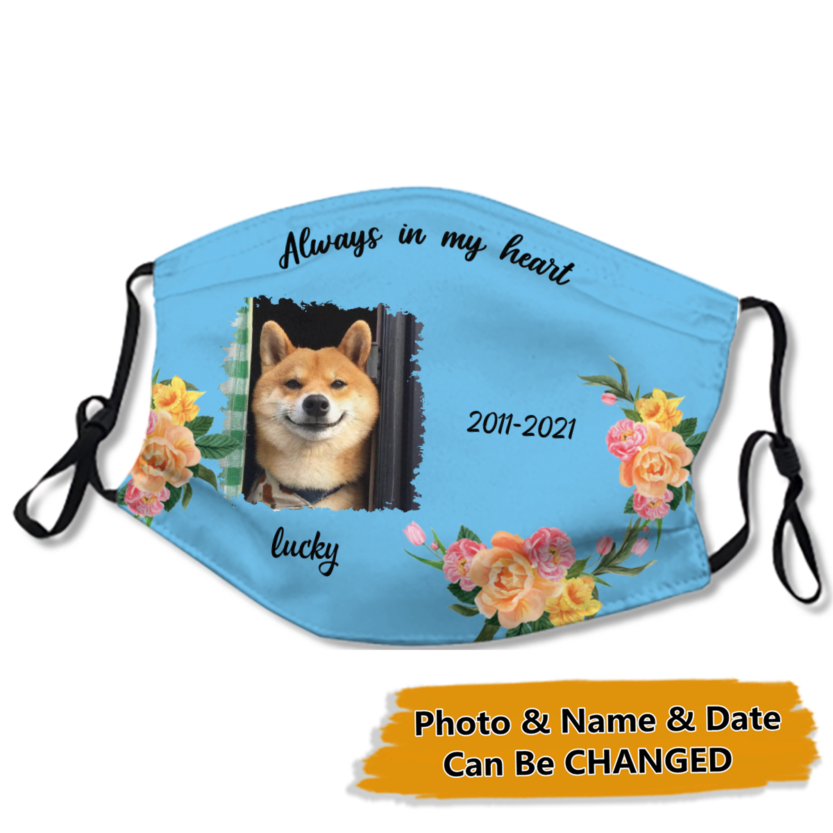 Upload photo, Floral Pet Memorial, Always In Heart Personalized Face Mask