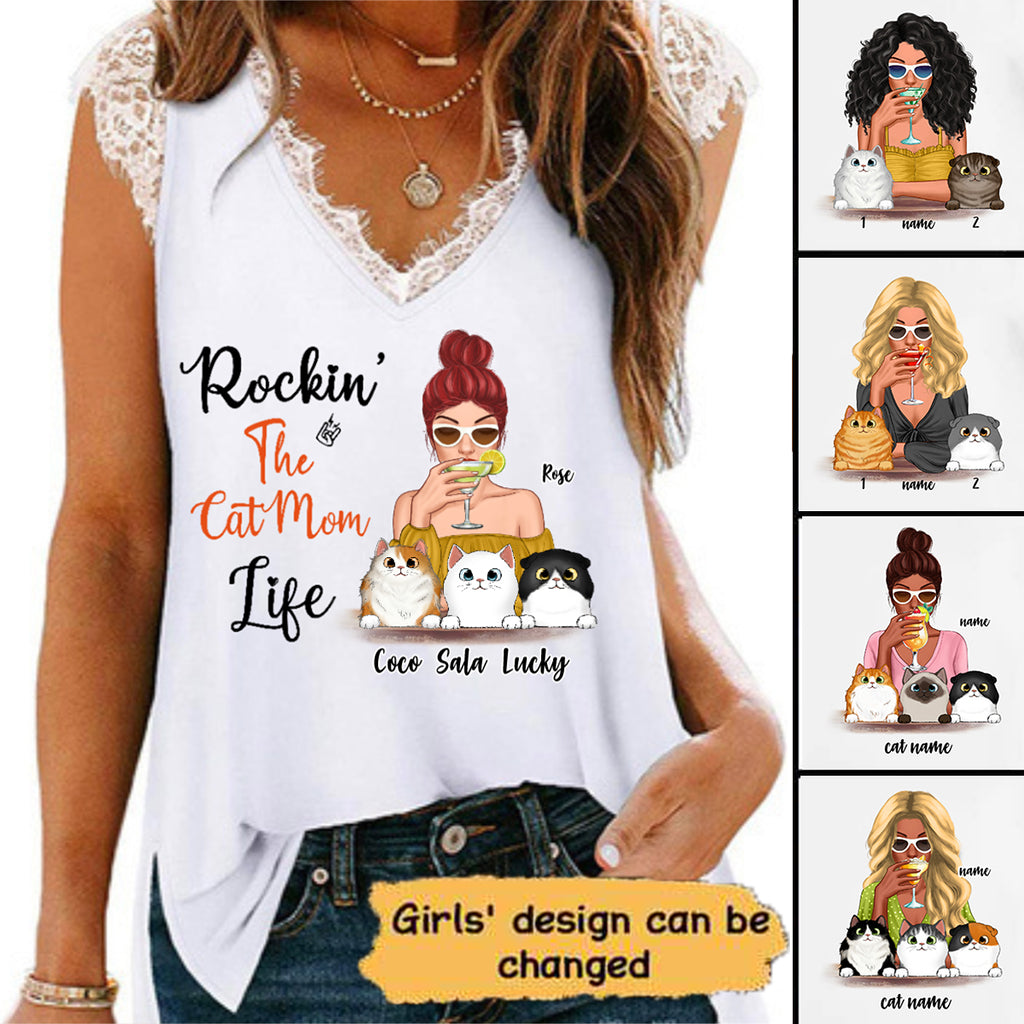 Rockin‘ Cat Mom Life Cocktail Girl Personalized Women Tank Top V Neck Lace