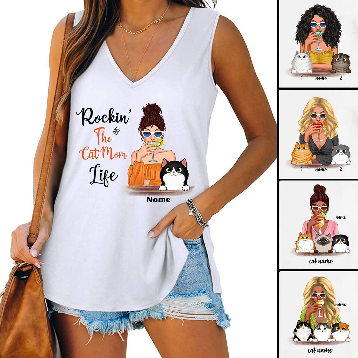 Rockin' Cat Mom Life Cocktail Girl Personalized Women Tank Top V Neck Casual Flowy Sleeveless