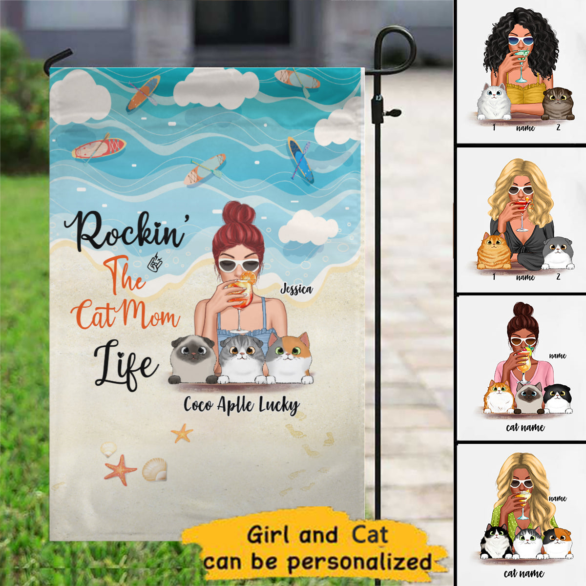 Rockin' Cat Mom Life カクテルガール パーソナライズされた名前とデザイン ガーデンフラッグ