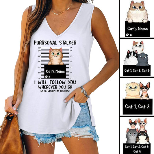 Purrsonal Stalker Peeking Fluffy Cat Personalized Women Tank Top V Neck Casual Flowy Sleeveless