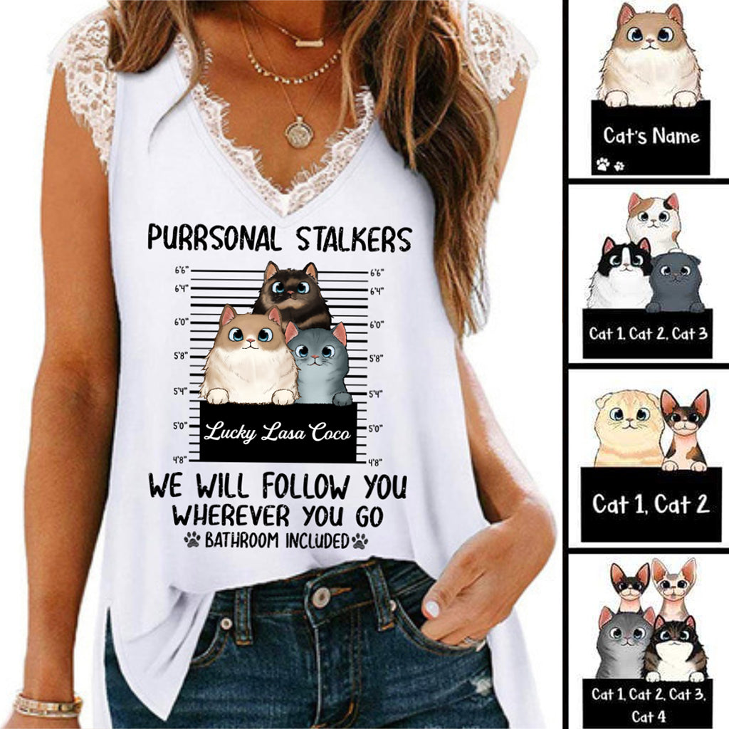 Purrsonal Stalker Peeking Fluffy Cat Personalized レディース タンクトップ Vネック レース