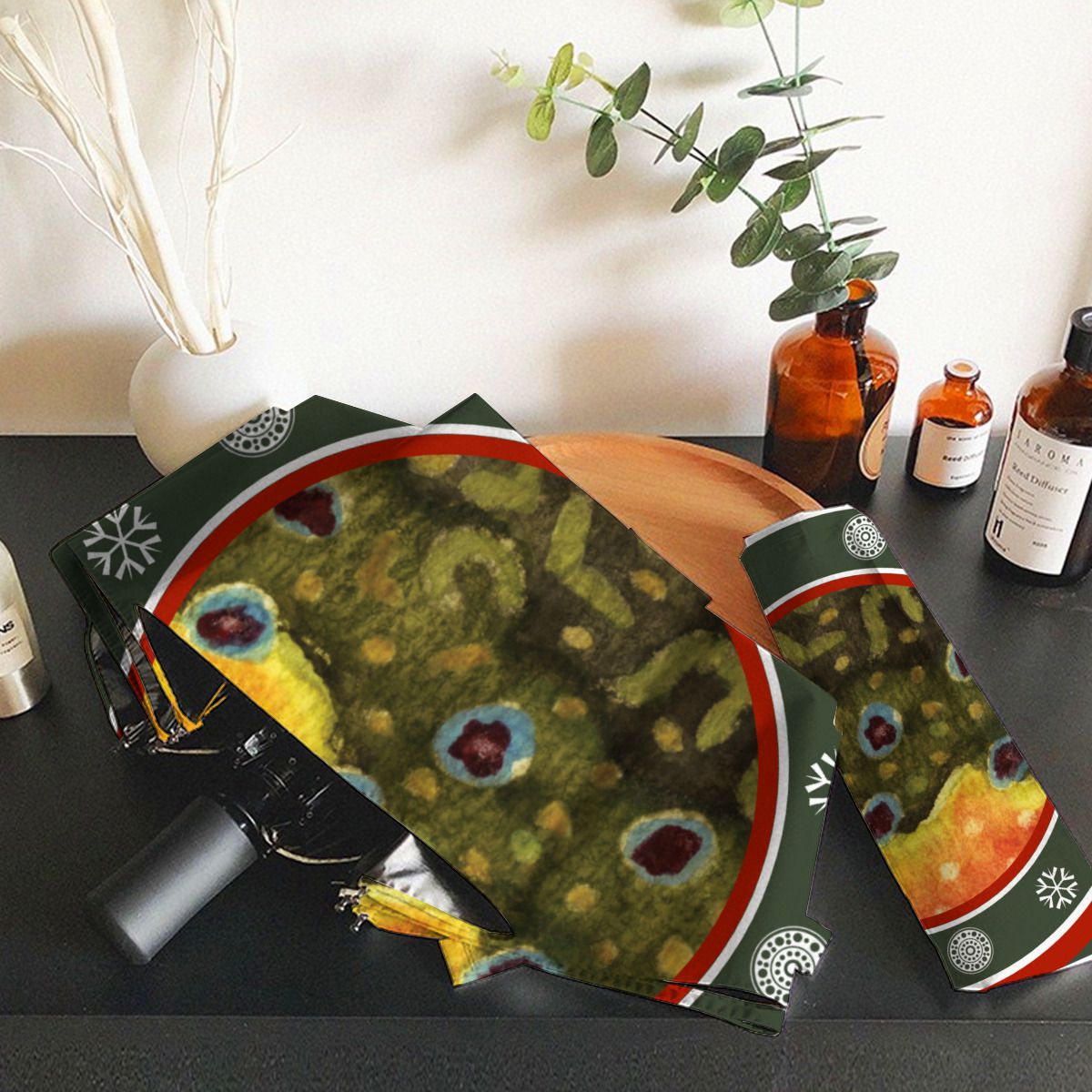 Fishing Reels And Winter Snowflake Brushed Polyester Umbrella No.VRMRK5