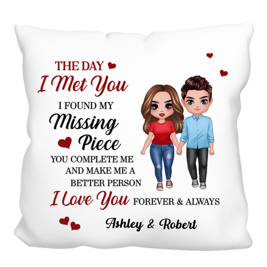 Doll Couple Found My Missing Piece Valentine‘s Day Anniversary Gift For Him For Her Personalized Polyester Linen Pillow