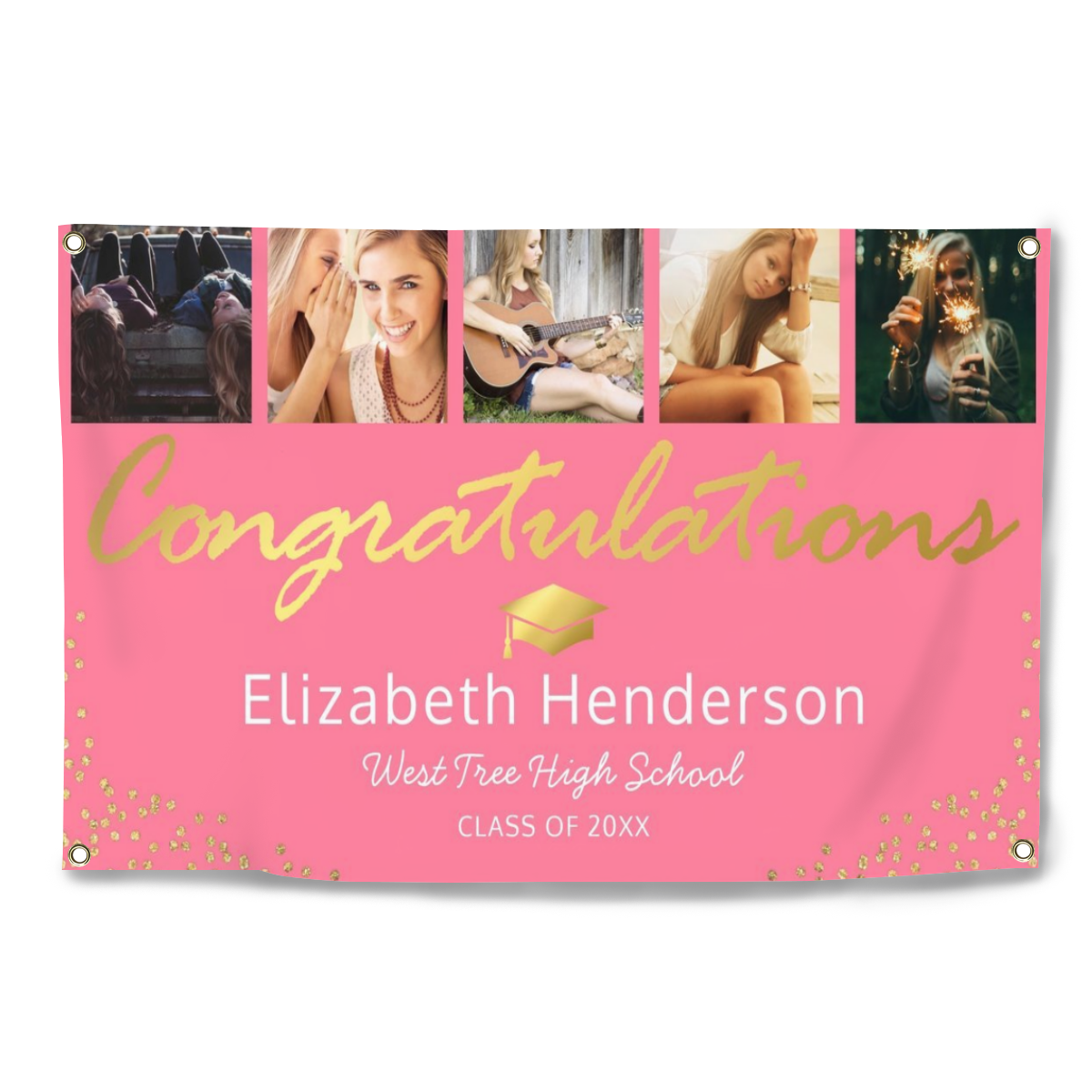 2022 Personalized Name/Photo, 5 Photo Pink Gold Graduation Party Banner