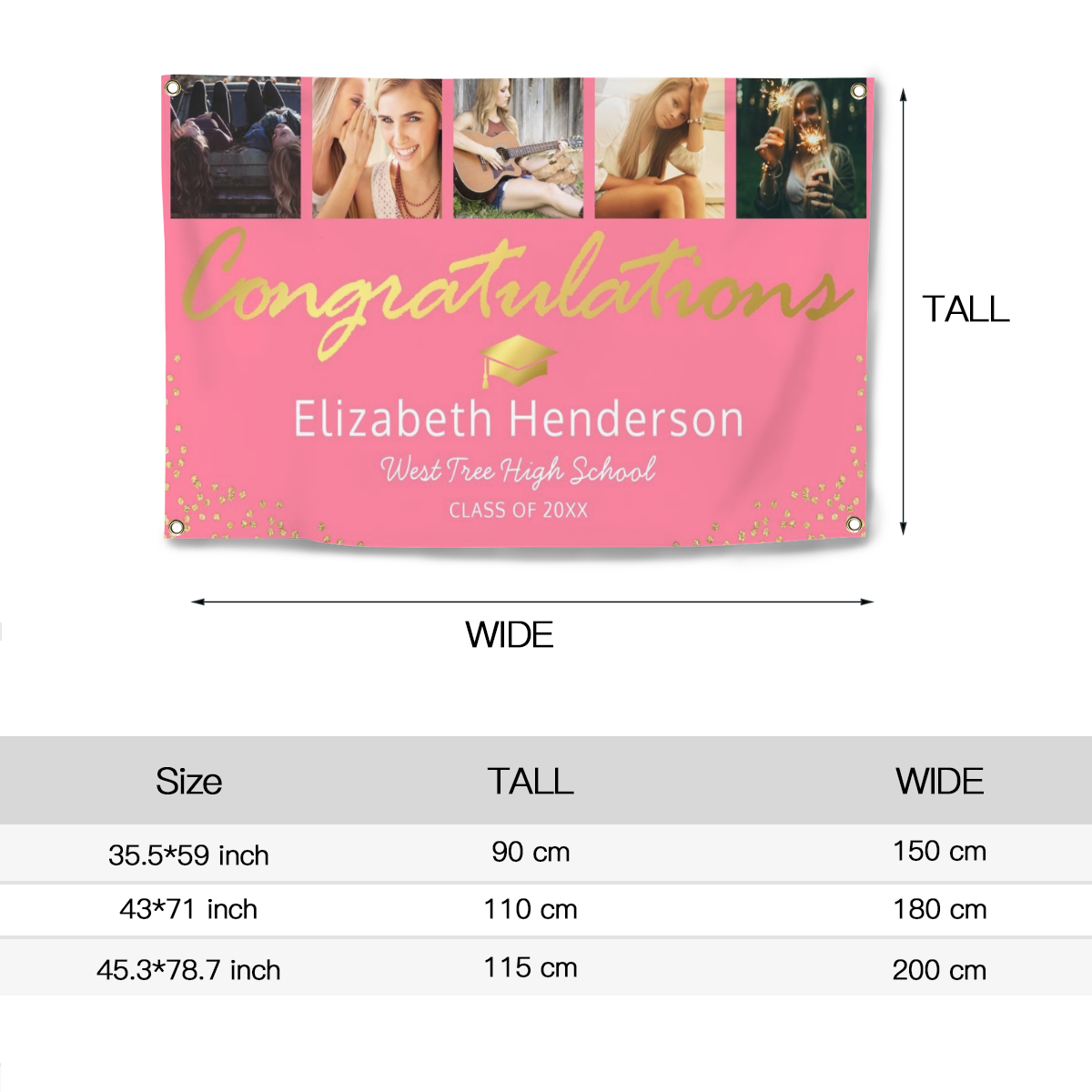 2022 Personalized Name/Photo, 5 Photo Pink Gold Graduation Party Banner