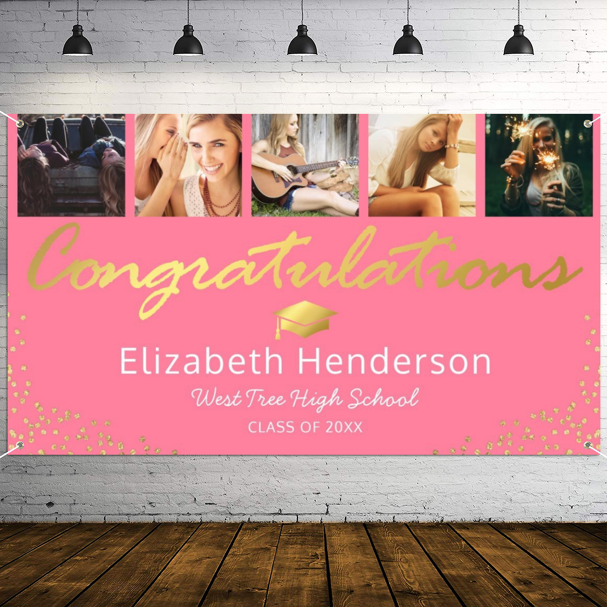 2022 Personalized Name/Photo, 5 Photo Pink Gold Graduation Party Banner