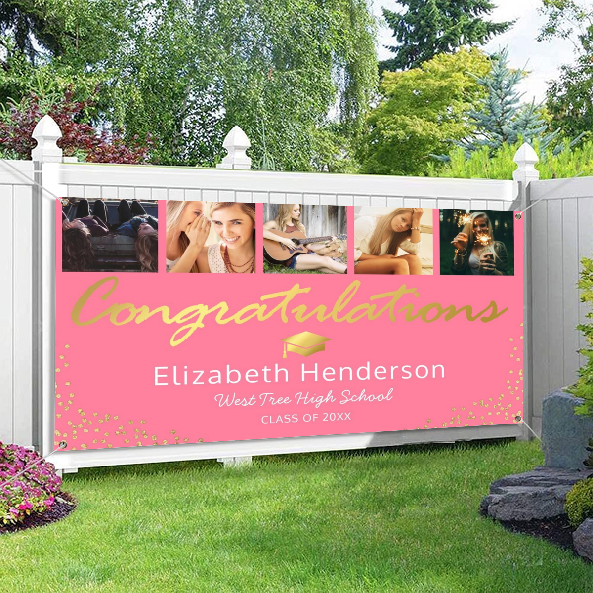 2022 Personalized Name/Photo, 5 Photo Pink Gold Graduation Party Banner