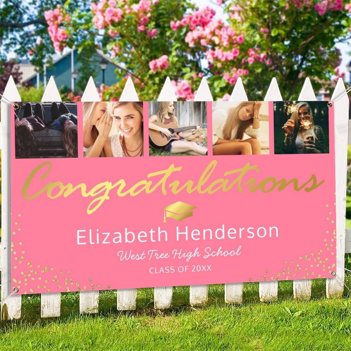 2022 Personalized Name/Photo, 5 Photo Pink Gold Graduation Party Banner