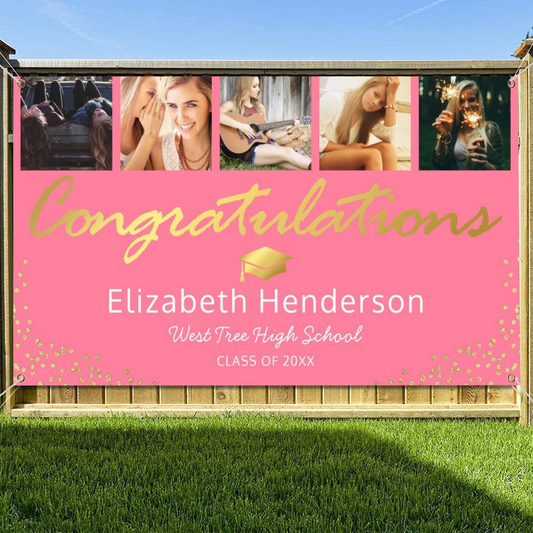 2022 Personalized Name/Photo, 5 Photo Pink Gold Graduation Party Banner