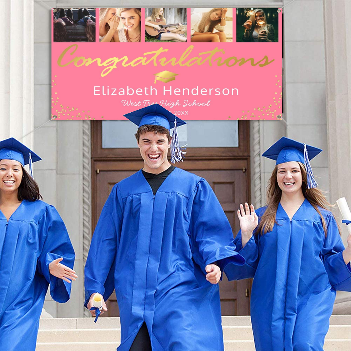 2022 Personalized Name/Photo, 5 Photo Pink Gold Graduation Party Banner