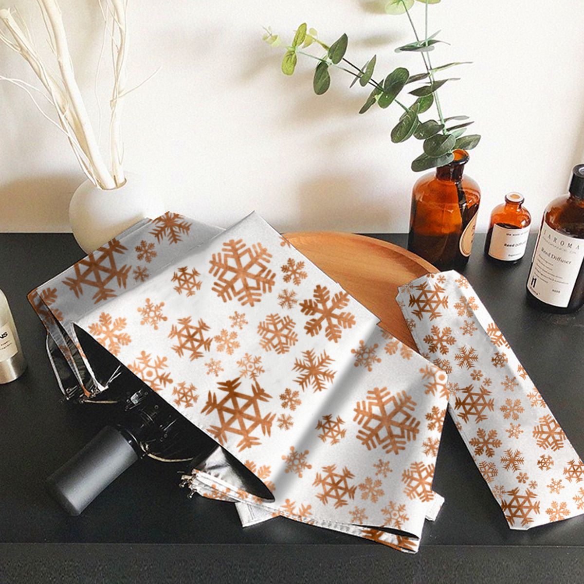 Rose Gold Snowflake Pattern White Brushed Polyester Umbrella No.WJW2SQ