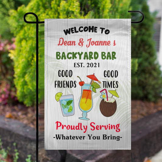 Personalized Name Backyard Bar Gardening Proudly Serving Flag