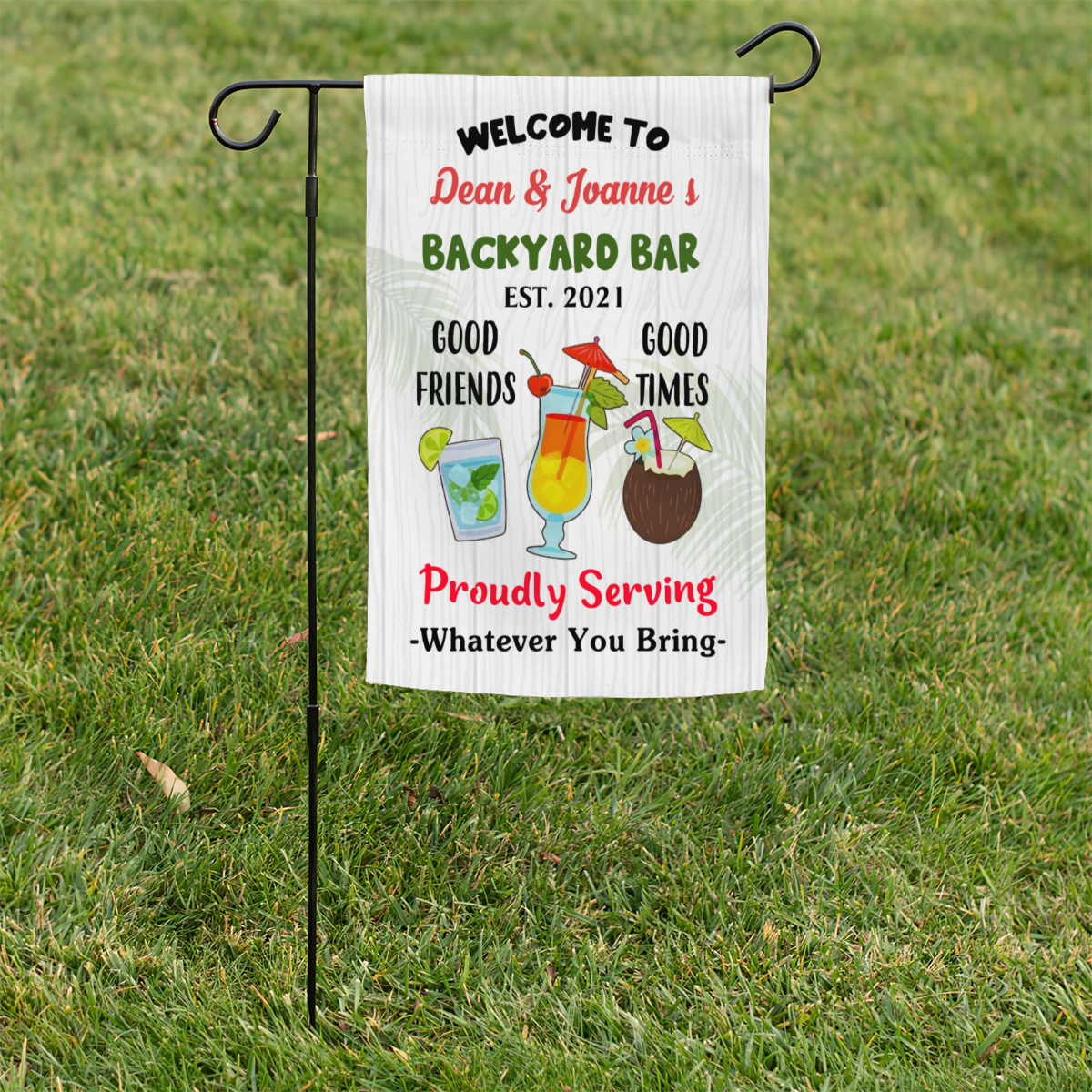 Personalized Name Backyard Bar Gardening Proudly Serving Flag