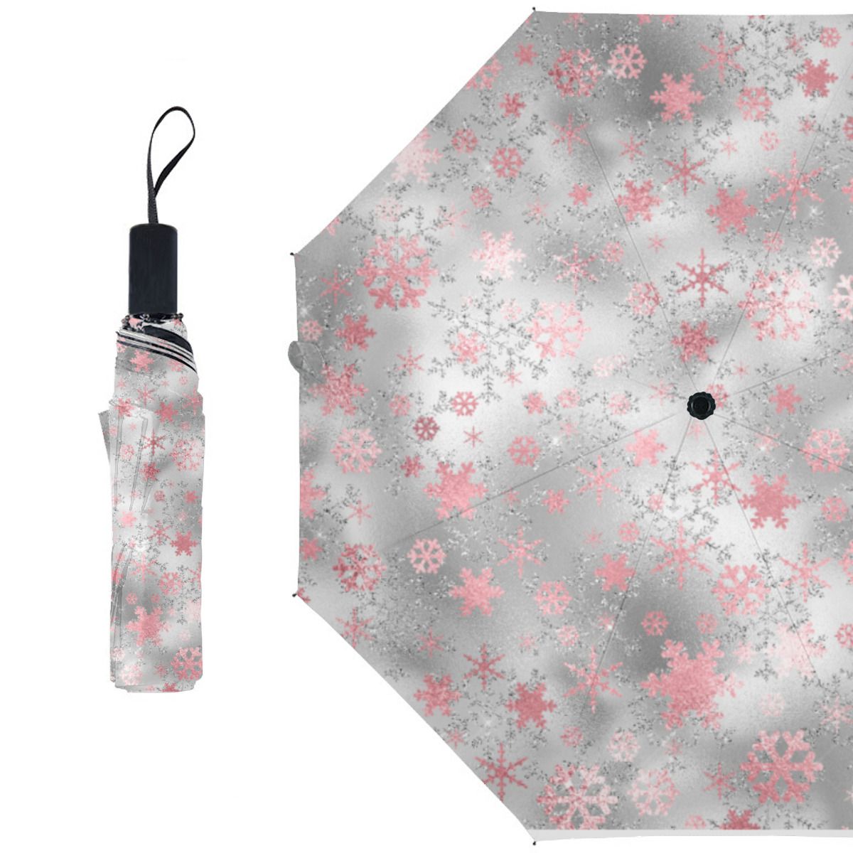 Elegant Silver Pink Christmas Snowflake Pattern Brushed Polyester Umbrella No.WPZPNM