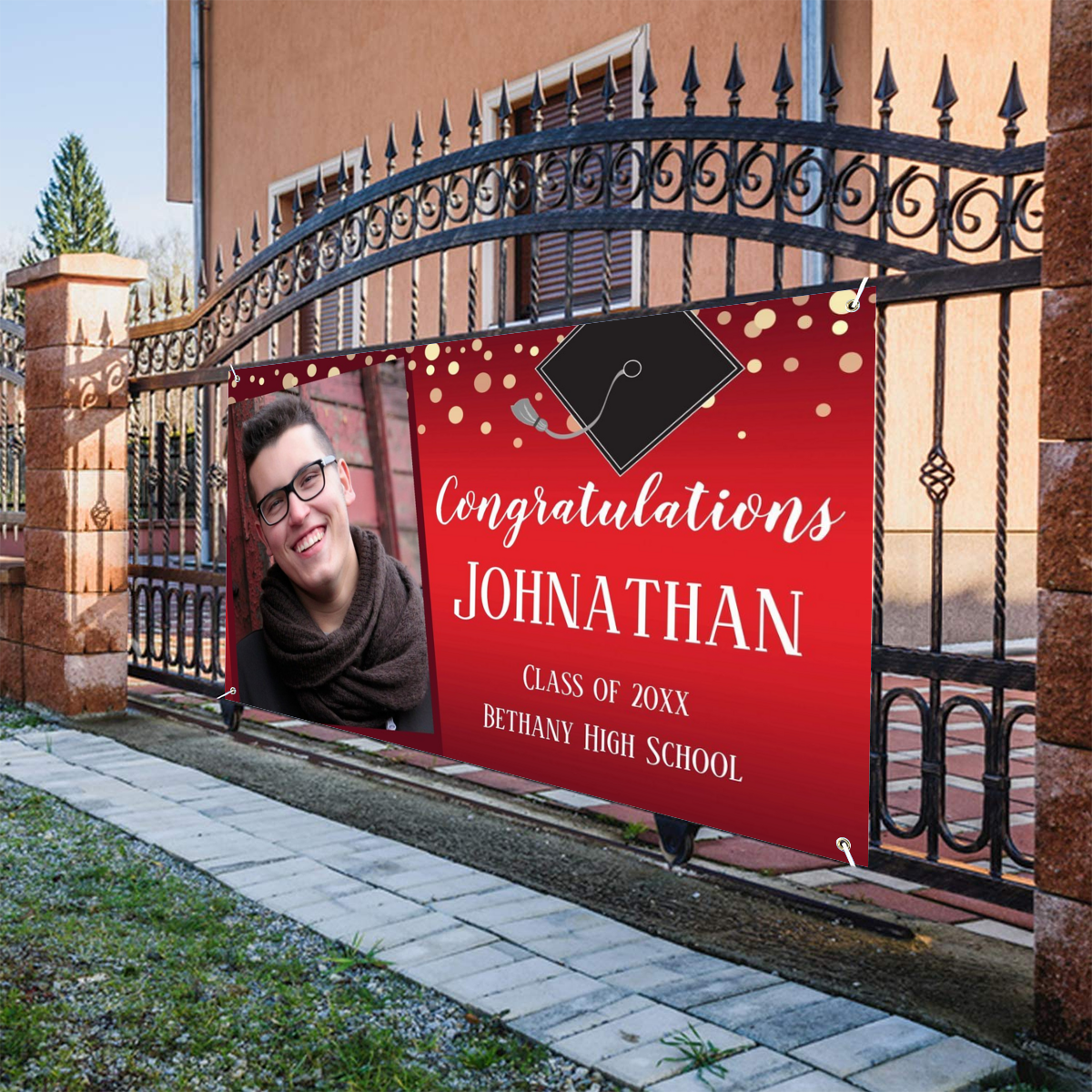 2022 Personalized Name/Photo, Congratulations Graduation Red with Confetti Photo Banner