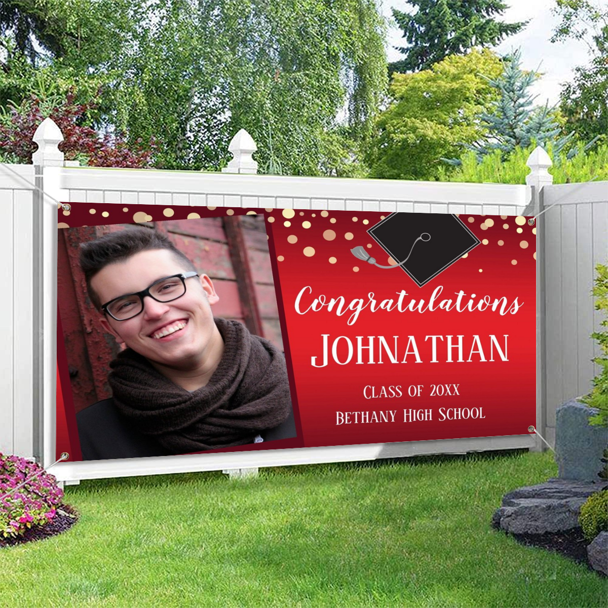 2022 Personalized Name/Photo, Congratulations Graduation Red with Confetti Photo Banner