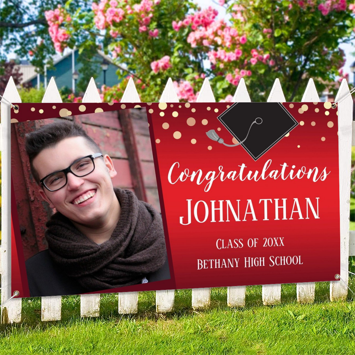 2022 Personalized Name/Photo, Congratulations Graduation Red with Confetti Photo Banner