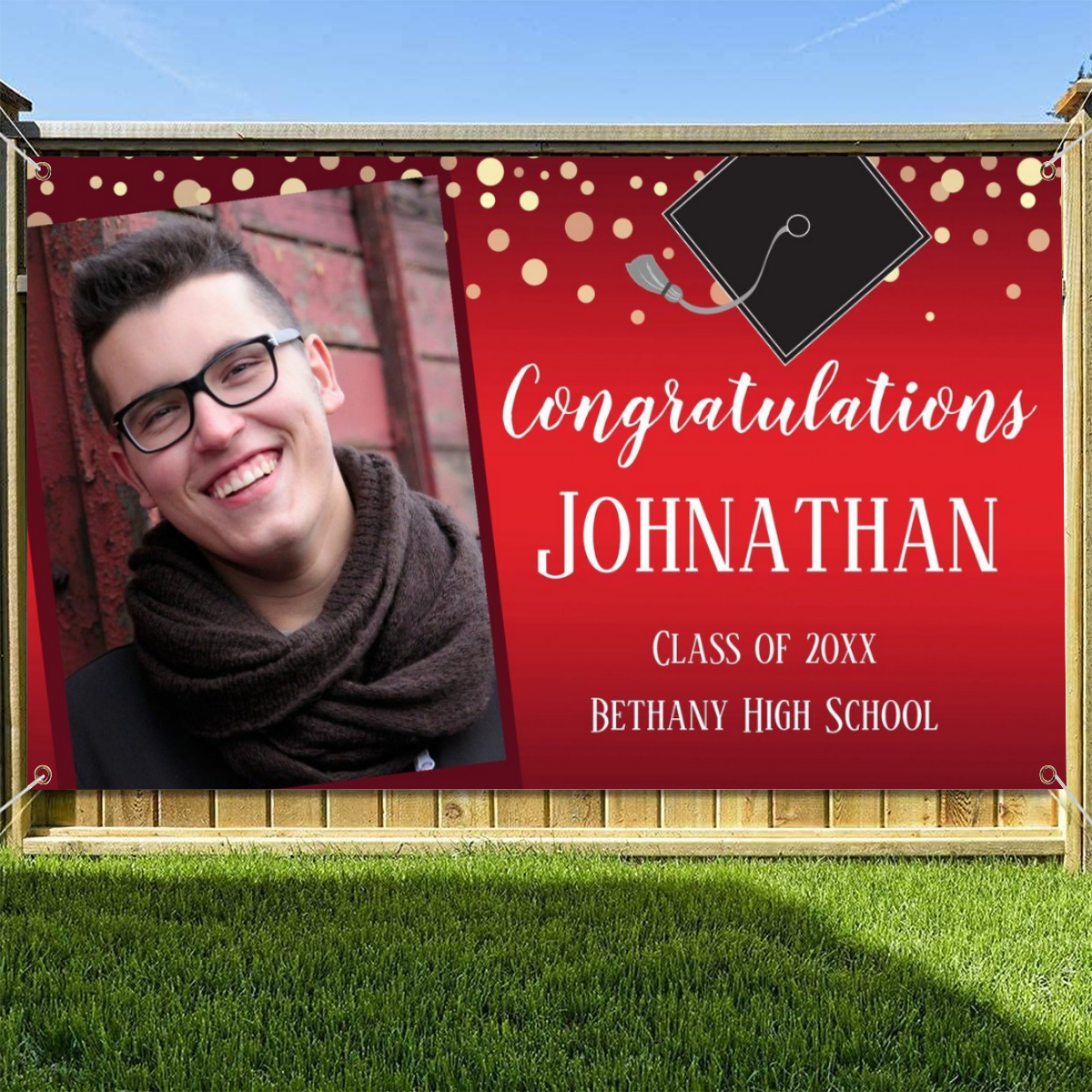 2022 Personalized Name/Photo, Congratulations Graduation Red with Confetti Photo Banner