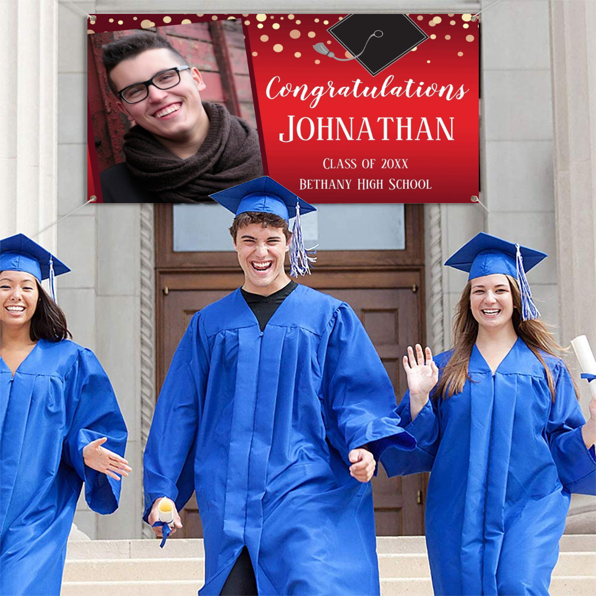 2022 Personalized Name/Photo, Congratulations Graduation Red with Confetti Photo Banner