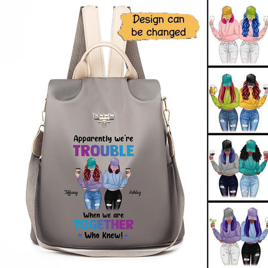 We're Trouble Besties Front View Personalized Backpack