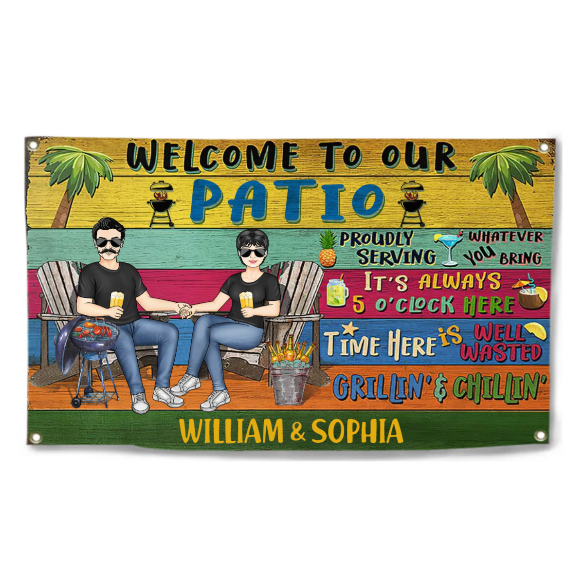 Grilling Couple Welcome To Our Patio Proudly Serving Whatever You Bring - Gift For Couples - Personalized Custom Banner