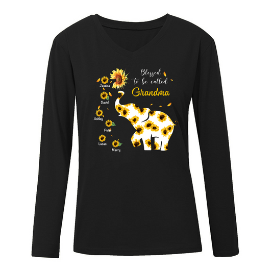 Sunflower Elephant Mom Grandma Personalized Long Sleeve Shirt