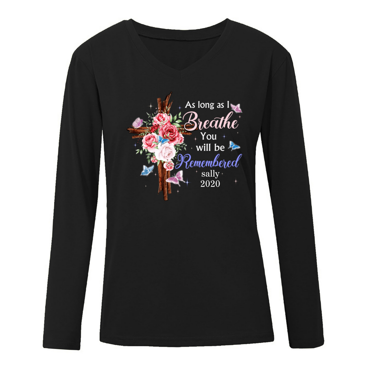 Butterflies Floral Cross Family Memorial Personalized Shirt Long Sleeve Shirt