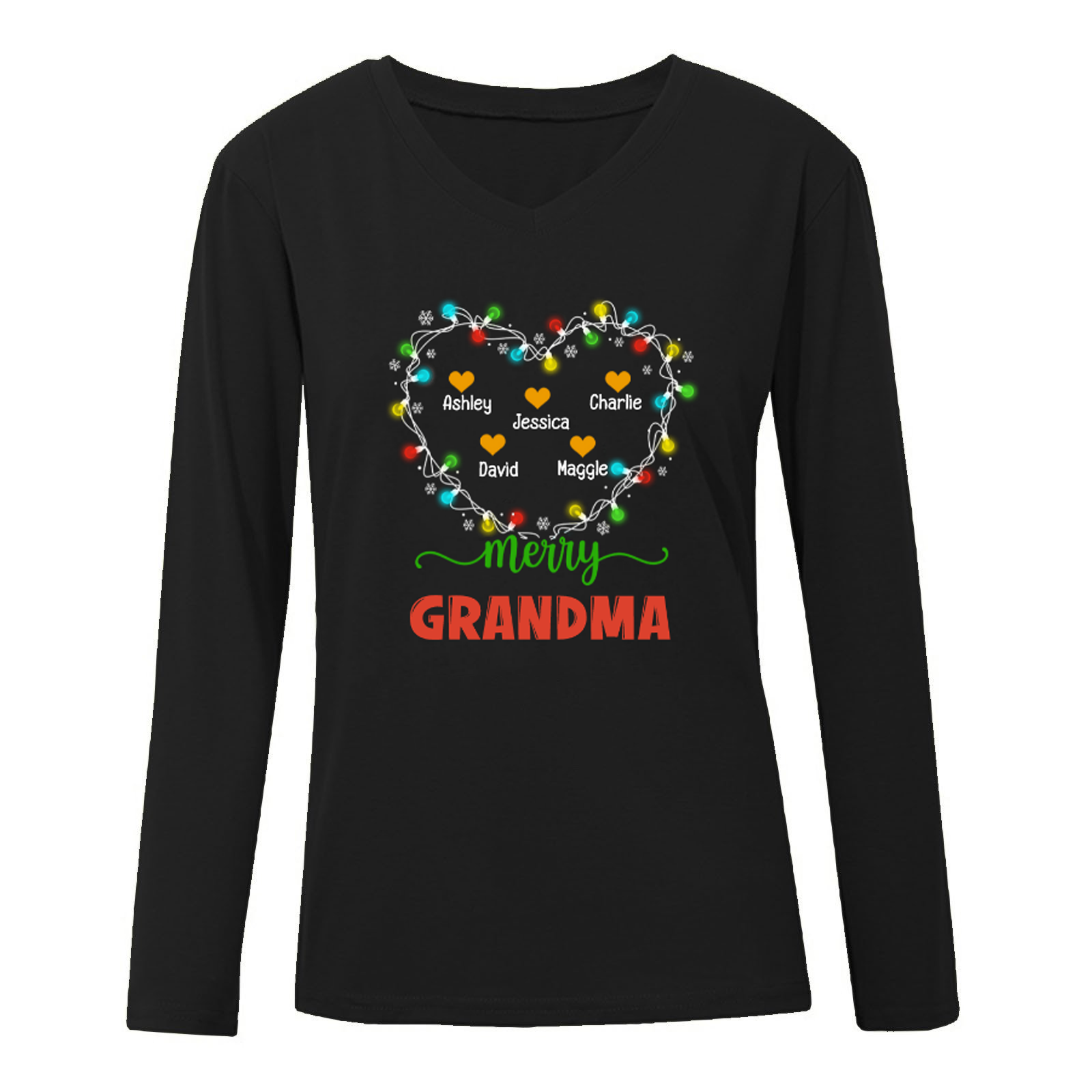 Merry Mom Grandma Christmas Light Heart Personalized Long Sleeve Shirt