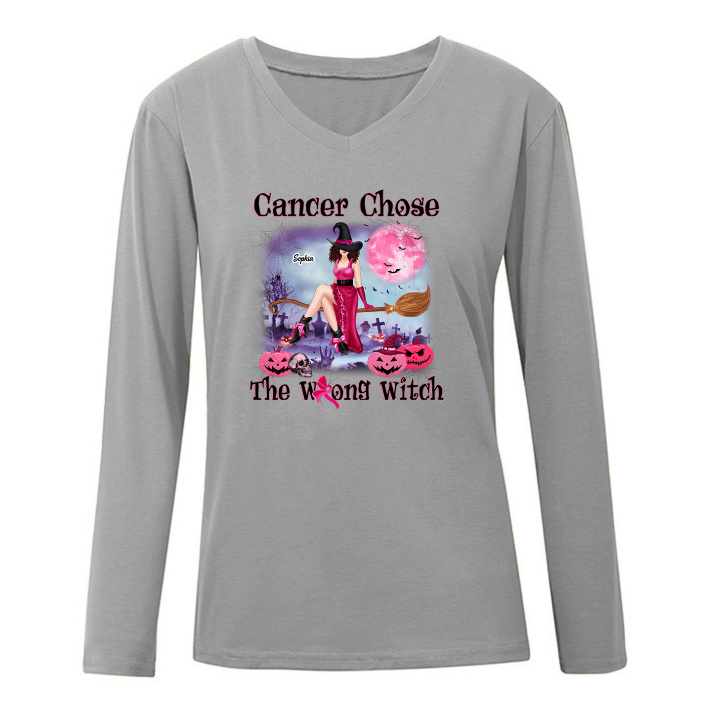 Cancer Chose The Wrong Witch Breast Cancer Personalized Woman Long Sleeve Shirt