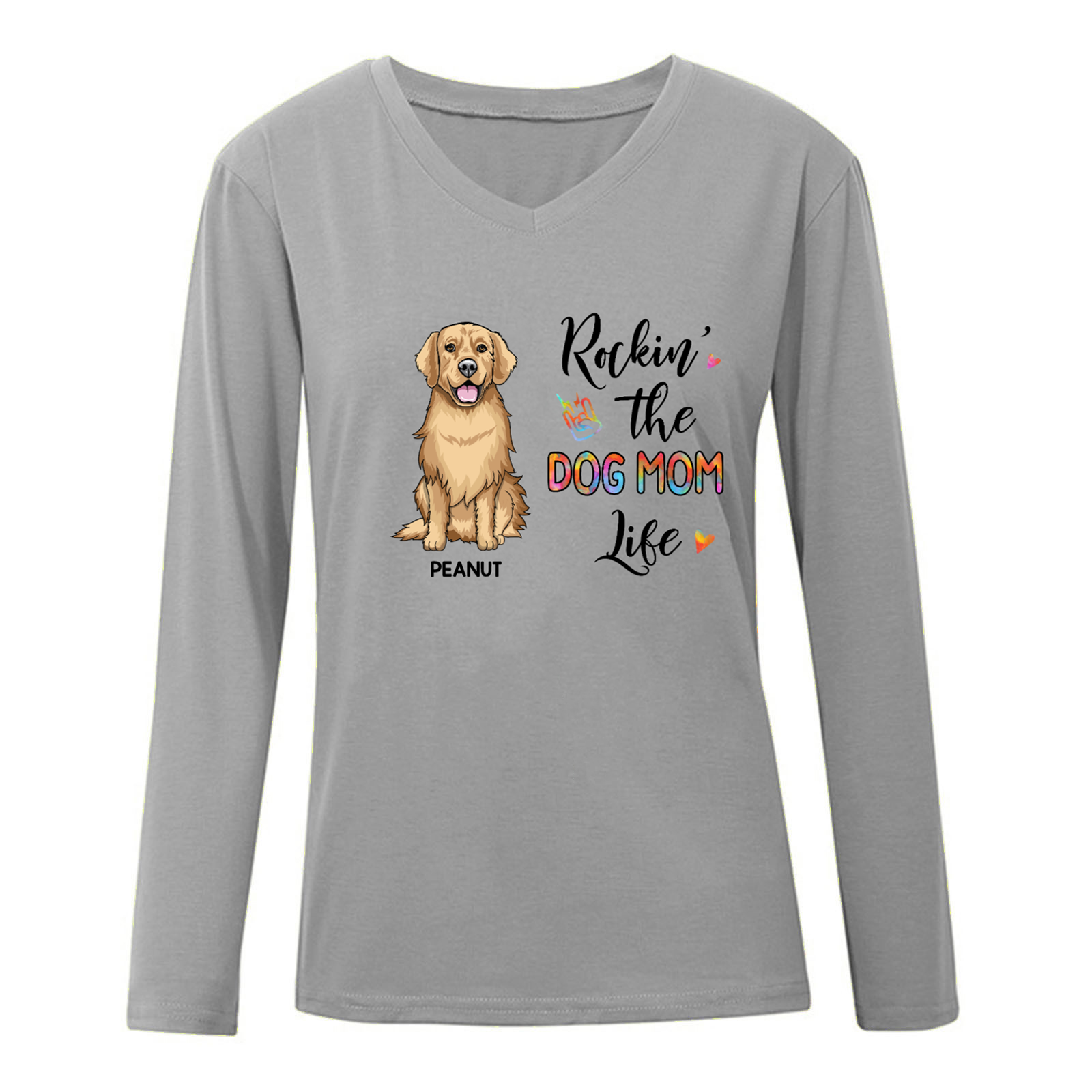 Rockin' Dog Mom Life 正面図 座っている犬 パーソナライズされた長袖シャツ