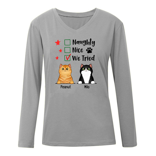 Naughty Nice I Tried Cats Personalized Long Sleeve Shirt