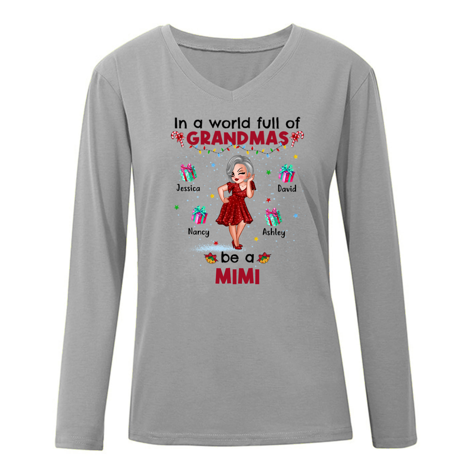 A World Full Of Grandma Christmas Personalized Long Sleeve Shirt