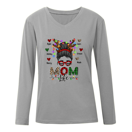 Mom Life Christmas Messy Bun Personalized Shirt Long Sleeve Shirt