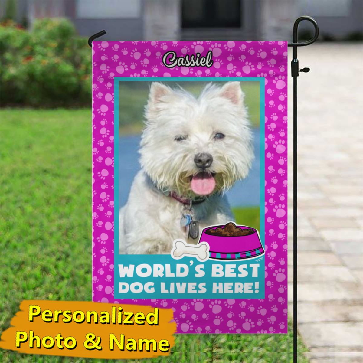 世界最高の犬 – ピンク – パーソナライズされた写真と名前 – 庭の旗と家の旗